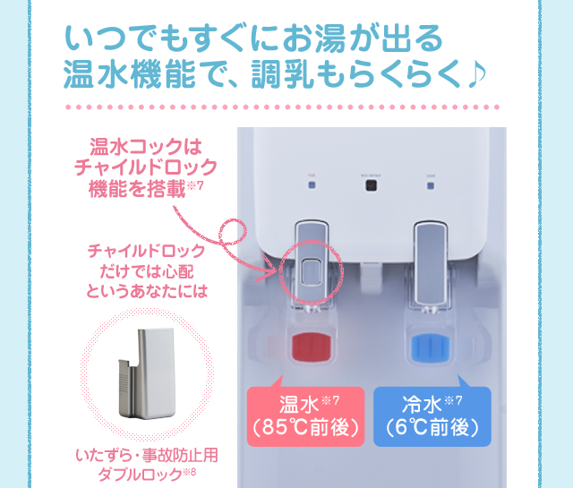 いつでもすぐにお湯が出る温水機能で、調乳もらくらく♪